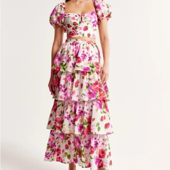 Abercrombie Pink Floral Crop Top and Ruffled Tiered Maxi Skirt Set - Picture 5 of 5
